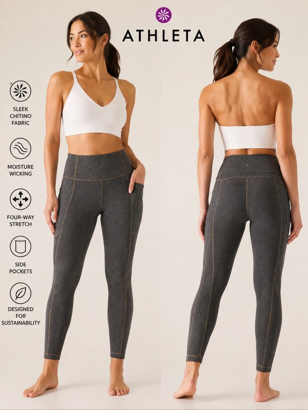 Athleta Womens Gray High Rise Pocket Leggings Athletic Yoga Pants Stretch Size M